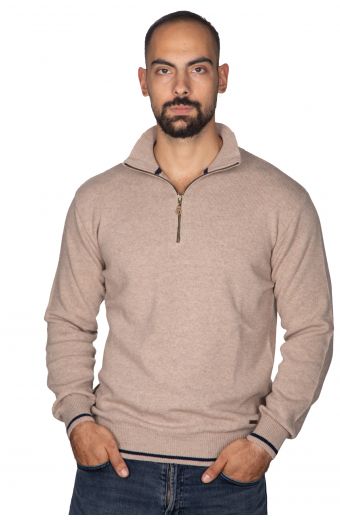 Αντρικό πουλόβερ μάλλινο με γιακά και φερμουάρ - μπεζ 9823A