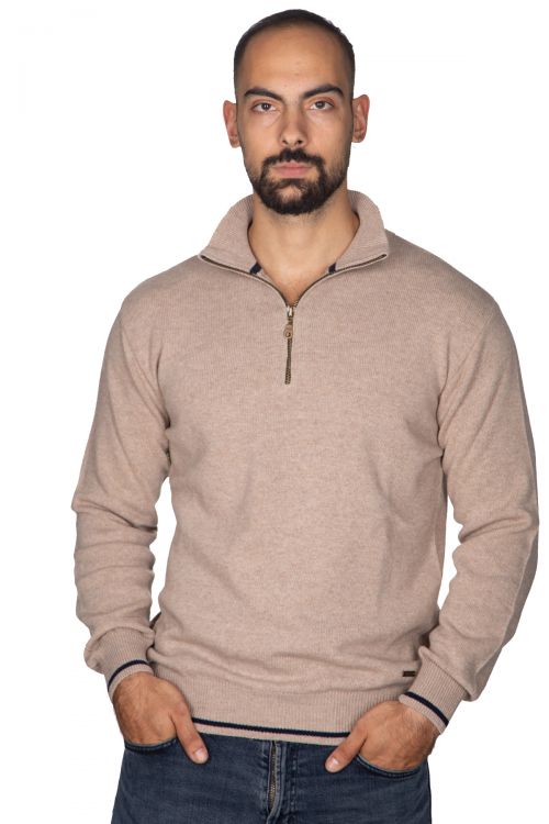 Αντρικό πουλόβερ μάλλινο με γιακά και φερμουάρ - μπεζ 9823A