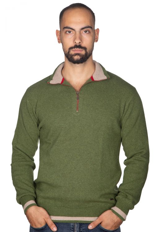 Αντρικό πουλόβερ μάλλινο με γιακά και φερμουάρ - Λαδί  9244A