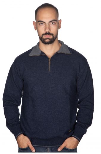 Αντρικό πουλόβερ μάλλινο με γιακά και φερμουάρ -  Μπλε 3752A