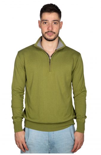 Αντρική μπλούζα με γιακά και φερμουάρ απο βαμβάκι και μαλλί- Πράσινο 12673