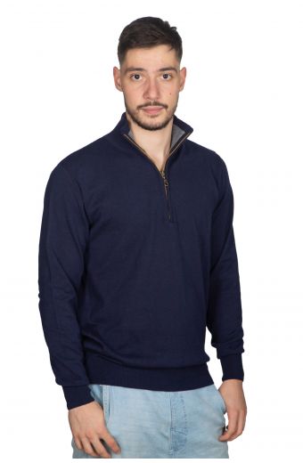Αντρική μπλούζα με γιακά και φερμουάρ απο βαμβάκι και μαλλί- Μπλε 12685