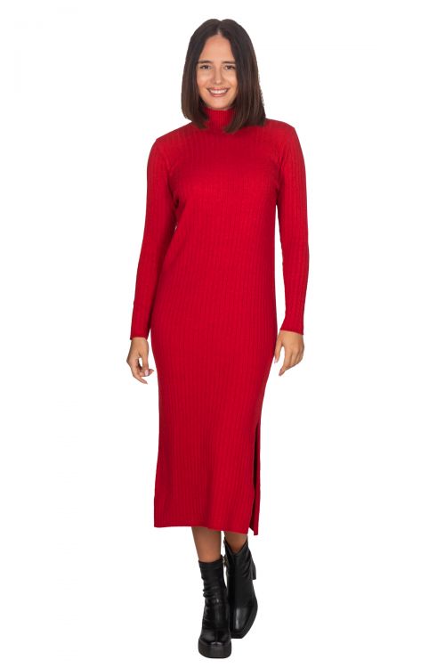 Φόρεμα πλεκτό με όρθιο γιακά από κασμίρ- Χρώμα κόκκινο 12793