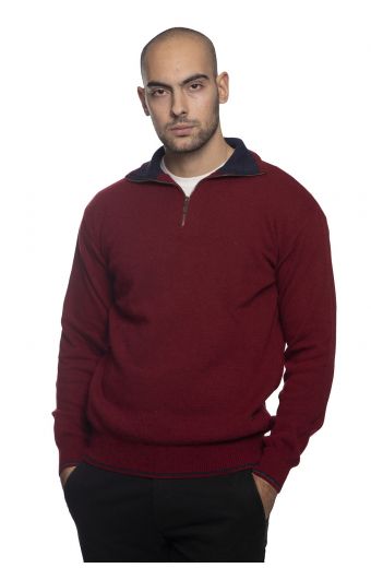 Αντρικό πουλόβερ μάλλινο με γιακά και φερμουάρ - Μπορντό 3758A
